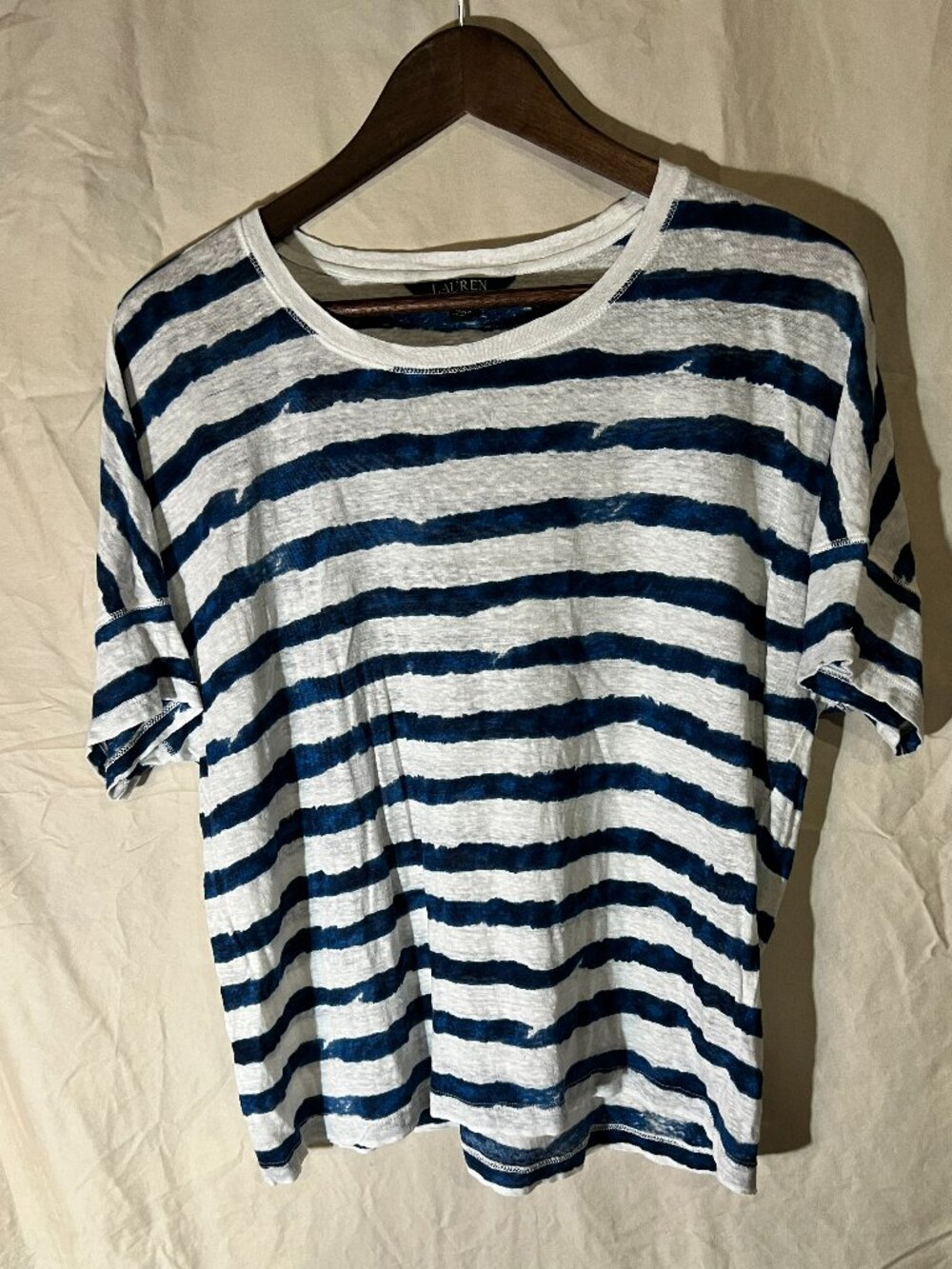 Lauren Ralph Lauren Blue White Nautical Striped Top Shirt 100% Linen Med T-Shirt